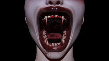 3d Illustration Scary Vampire, Close-up Of Mouth With Teeth In Blood, Halloween Or Horror Theme, Devil Ghost, 3d Render.