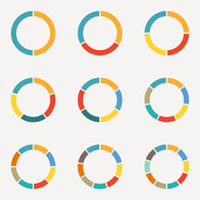 Circle Infographics Concept With 2,3,4,5,6,7,8,9,10 Steps, Parts, Levels Or Options.Circular Diagram Set. Pie Chart Template. Colorful Vector Illustration.