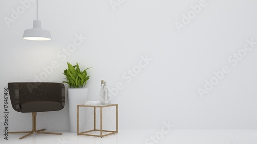 Fototapeta Wnętrze relaksuje astronautycznego meble i tło biała dekoracja minimalna w hotelu - izoluje pustego miejsca 3d rendering