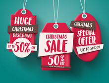 Huge Christmas Sale Vector Set Of Red Sale Tags Hanging With 50% Off Text And With Origami Paper Style For Holiday Discount Promotion. Vector Illustration.
