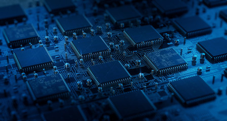 Circuit board. Electronic computer hardware technology. Motherboard digital chip. Tech science EDA background. Integrated communication processor. Information CPU engineering 3D render