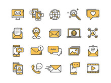 Communication. Social Media. Online Chatting. Phone Call, App Messenger. Mobile,smartphone. Computing.Email. Thin Line Yellow Web Icon Set. Outline Icons Collection. Vector Illustration.