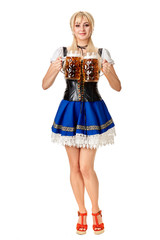 Full length portrait of a blond woman with traditional costume holding beer glasses isolated on white background.