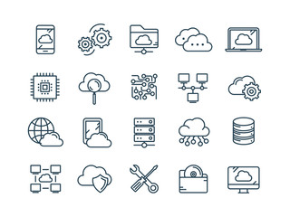 Cloud omputing. Internet technology. Online services. Data, information security. Connection. Thin line web icon set. Outline icons collection.Vector illustration.