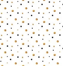 Cute Kids Polka Dot Colorful Seamless Vector Pattern With Glittering Gold And Solid Black Dots On Solid White Background.