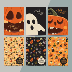 Halloween party cartoon greeting cards. All hallow eve invitation flyer design. All saints holiday background for stickers, posters, wallpapers, layouts, etc. Hand drawn vector illustration.