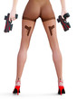 © vladnikon - Dark nylon tights with guns, bullets and trajectory line. Sexy slim female legs dark pantyhose. Seductive pose. Conceptual fashion art. 3D render illustration. Pastel, watercolor, cartoon drawing