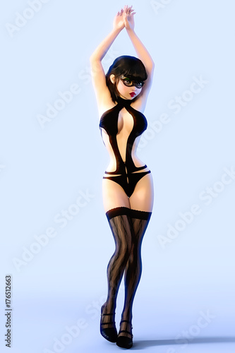 Sexy Glamorous Girl Black Mask Body And Stockings Young Beautiful