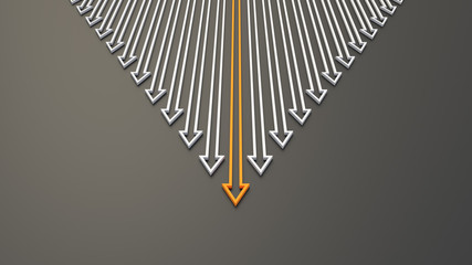 Leadership, success, and teamwork concept, orange leader arrow leading white arrows, on black background. 3D Rendering.