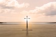 Cross religion symbol shape over sunset sky at the beach