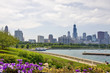 Modern architecture and urban background. Cloudy sky over Chicago downtown skyline, lake Michigan marina and bright blooming flowers on a foreground. Chicago, Illinois, Midwest USA. Horizontal view.