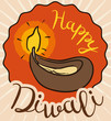 Lighted Diya in Doodle Style over Label for Diwali, Vector Illustration