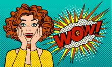 Sincere Women's Surprise. A Girl With An Open Mouth Says WOW. Retro Comics Style. Pop Art. Illustration