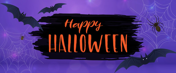 Wall Mural - Happy Halloween and bats, horizontal banner. Colorful scary Halloween illustration. Vector