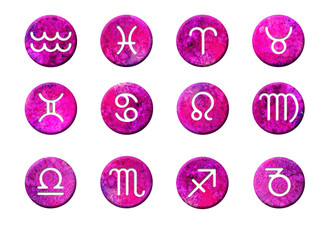 Wall Mural - Zodiac signs; Set of simple stroke zodiac signs on circles background.  Bright, colorful round shapes pink. Isolated on white background