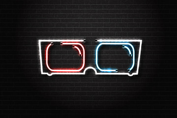 Wall Mural - Vector realistic isolated glowing neon sign of 3D glasses for decoration and covering. Concept of cinema.