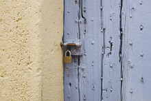 Painted Blue Door And Padlock, Provence, France