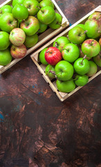 Poster - Green organic large apples overhead group in two wooden boxes on painted brown background in studio