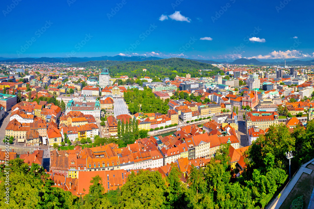 Colorful Ljubljana aerial panoramic view - obrazy, fototapety, plakaty 
