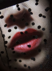 macro red lips behind a dot tulle