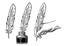 Inkwell And Female Hand Holding A Goose Feather. Vector Engraving