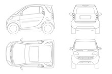Vector Compact Smart Car In Outline. Small Compact Hybrid Vehicle. Eco-friendly Hi-tech Auto. Easy Color Change. Template Vector Isolated On White View Front, Rear, Side, Top