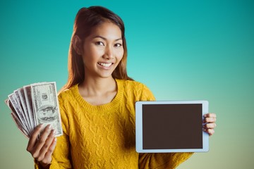 Sticker - Composite image of smiling asian woman showing tablet and bank