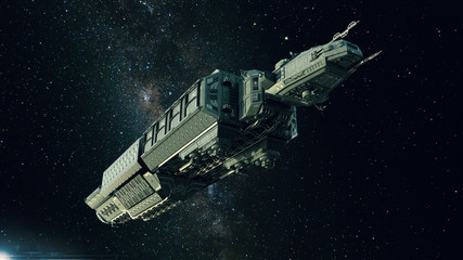 Wall Mural - spaceship in deep space, spacecraft flying through the universe with a bright star in distance, bott