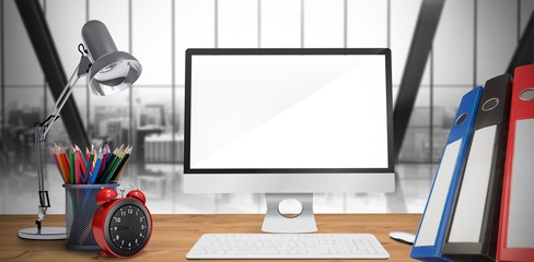 Wall Mural - composite image of image of a desk with computer