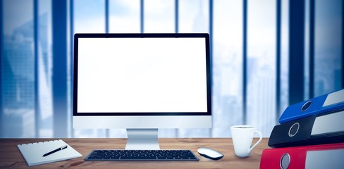 Wall Mural - composite image of image of a desk with computer