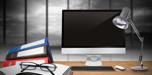Wall Mural - composite image of image of a desk with computer