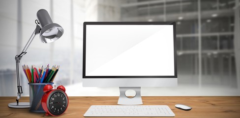 Wall Mural - composite image of image of a desk with computer