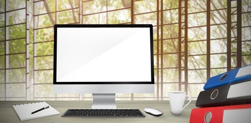 Wall Mural - composite image of image of a desk with computer