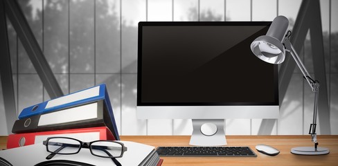 Wall Mural - composite image of image of a desk with computer