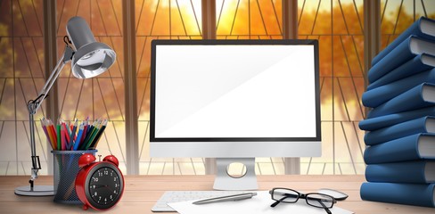 Wall Mural - composite image of image of a desk with computer