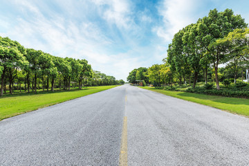 asphalt road and green forest under the blue sky