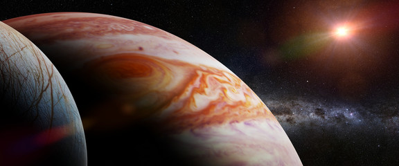 Wall Mural - jupiter's moon europa, the planet jupiter, the milky way and the sun