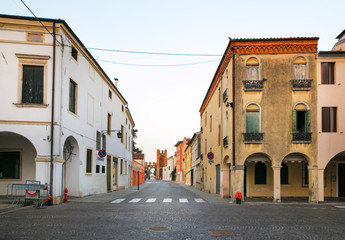 Montagnana, Italy - August 6, 2017: architecture of the quiet streets of the old city in the early morning.