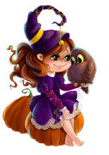 Cute Little Girl In Halloween Witch Costume With Pumpkin And Owl Clip Art Cartoon Style Transparent Background