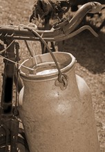 Milkman Old Bicycle With Can Of Milk And Ancient Sepia Toned