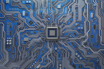 Computer motherboard with CPU. Circuit board system chip with core processor. Computer technology background.