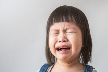 Portrait of little asian crying girl with little rolling tears weeping emotion, hurt in pain fit drops cheek