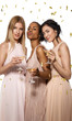 © deniskomarov - Three beautiful woman in evening dresses celebrate a holiday with glasses of champagne on a white background and falling golden confetti