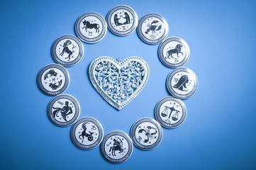 Wall Mural - white heart with zodiac signs like a concept astrology and love over blue background