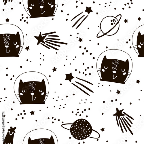 Foto-Schiebegardine mit Schienensystem - Seamless childish pattern with cute cats astronauts. Creative nursery background. Perfect for kids design, fabric, wrapping, wallpaper, textile, apparel (von solodkayamari)