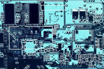 Wall Mural - Dark background of the silhouette of the computer motherboard for the design of the company's IT site. Circuit board. Motherboard digital chip. Small frames with copy space.