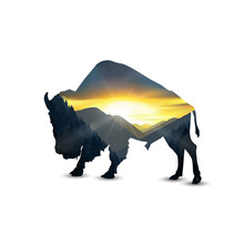 Silhouette Of Bison With Colorful Nature Landscape.