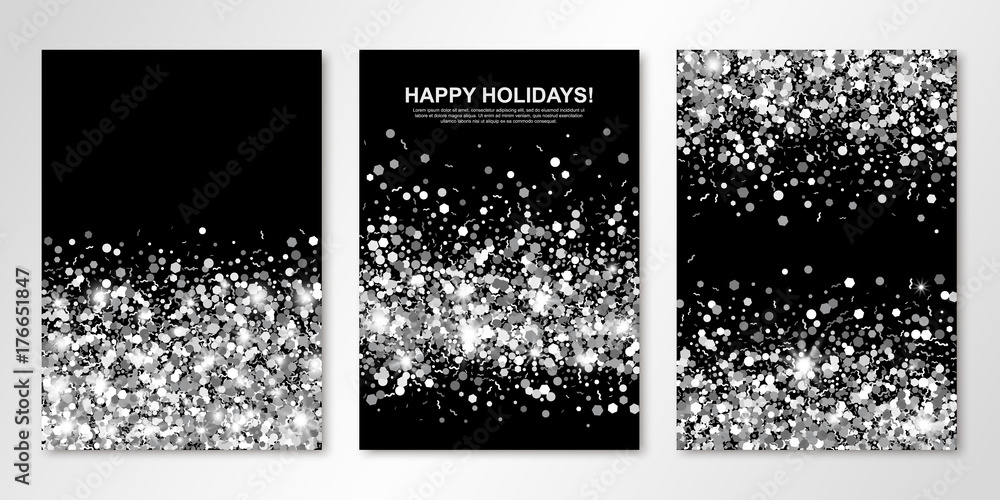 Banners set with silver confetti on black. Vector flyer design templates for wedding, invitation cards, save the date, business brochure design, certificates. All layered and isolated - obrazy, fototapety, plakaty 