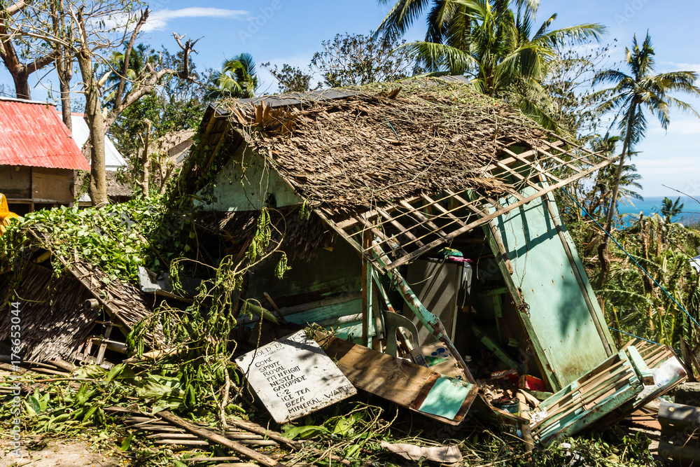 Shack Collapse A wooden shack completely destroyed by the passage of a super typhoon ...