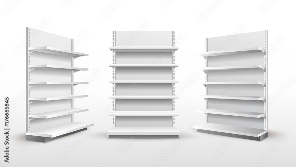 Set of white empty store shelves. Retail shelf rack. Showcase display ...